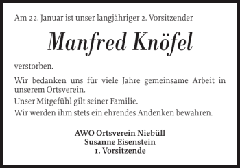 Traueranzeige von Manfred Knöfel von Husumer Nachrichten