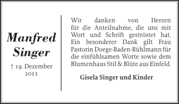 Traueranzeige von Manfred Singer von Holsteinischer Courier