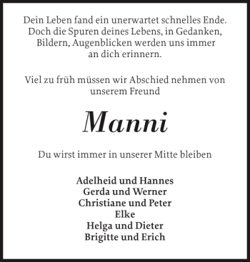 Traueranzeige von Manni  von Landeszeitung