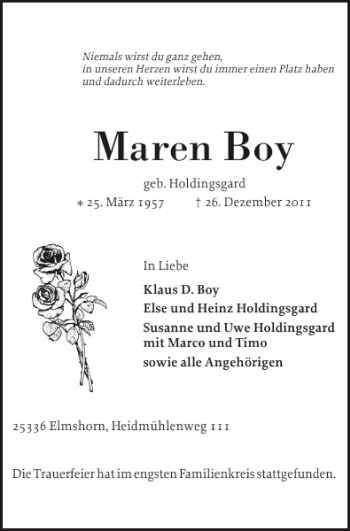 Traueranzeige von Maren Boy von Elmshorner Nachrichten