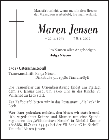 Traueranzeige von Maren Jensen von Nordfriesland Tageblatt