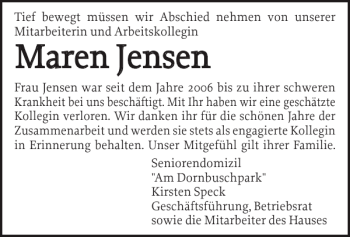 Traueranzeige von Maren Jensen von Husumer Nachrichten