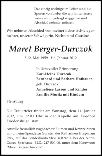 Traueranzeige von Maret Berger-Durczok von Flensburger Tageblatt