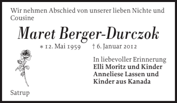 Traueranzeige von Maret Berger-Durczok von Flensburger Tageblatt