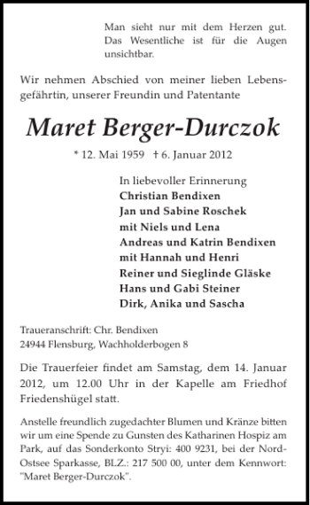 Traueranzeige von Maret Berger-Durczok von Flensburger Tageblatt