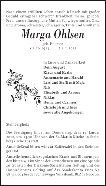 Traueranzeige von Marga Ohlsen von Flensburger Tageblatt