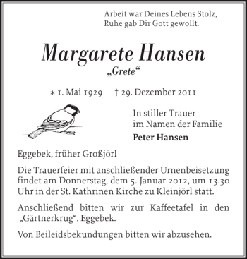 Traueranzeige von Margarete Hansen von Flensburger Tageblatt