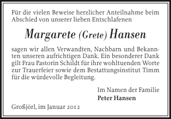 Traueranzeige von Margarete Hansen von Flensburger Tageblatt
