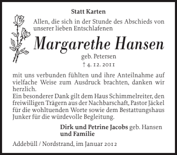 Traueranzeige von Margarethe Hansen von Husumer Nachrichten