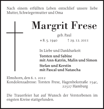 Traueranzeige von Margrit Frese von Elmshorner Nachrichten