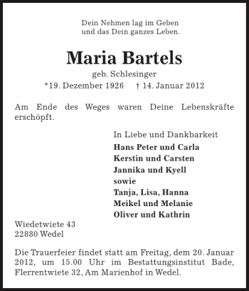 Traueranzeige von Maria Bartels von Pinneberger Tageblatt