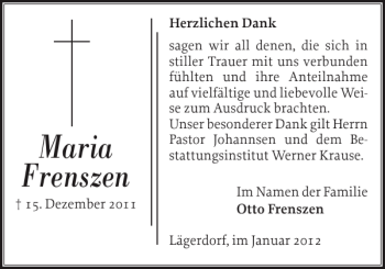 Traueranzeige von Maria Frenszen von Norddeutsche Rundschau