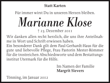 Traueranzeige von Marianne Klose von Husumer Nachrichten