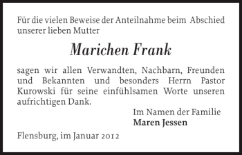 Traueranzeige von Marichen Frank von Flensburger Tageblatt