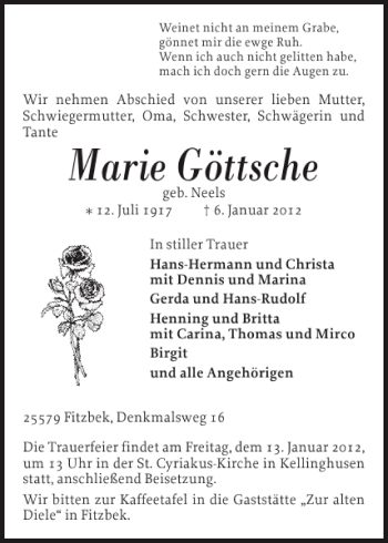 Traueranzeige von Marie Göttsche von Landeszeitung