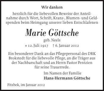 Traueranzeige von Marie Göttsche von Norddeutsche Rundschau