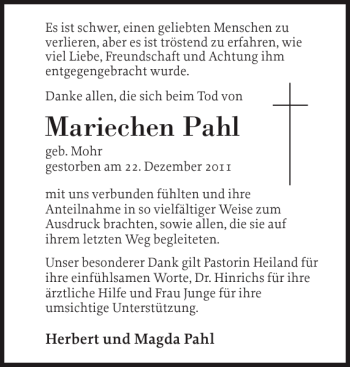 Traueranzeige von Mariechen Pahl von Landeszeitung