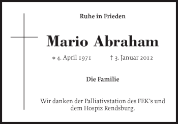 Traueranzeige von Mario Abraham von Holsteinischer Courier