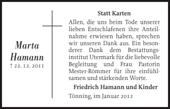 Traueranzeige von Marta Hamann von Husumer Nachrichten