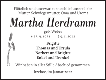 Traueranzeige von Martha Herdramm von Norddeutsche Rundschau
