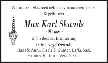 Traueranzeige von Max-Karl Skands von Sylter Rundschau