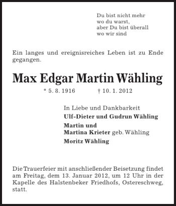 Traueranzeige von Max Edgar Martin Wähling von Pinneberger Tageblatt
