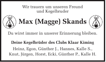 Traueranzeige von Max Magge Skands von Sylter Rundschau