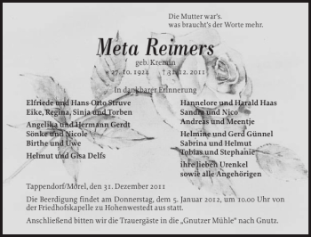 Traueranzeige von Meta Reimers von Landeszeitung