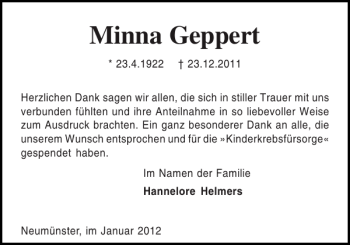 Traueranzeige von Minna Geppert von Holsteinischer Courier