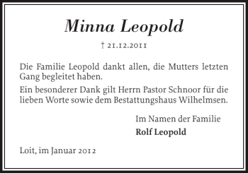 Traueranzeige von Minna Leopold von Schleswiger Nachrichten
