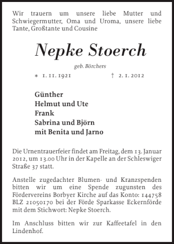 Traueranzeige von Nepke Stoerch von Eckernförder Zeitung