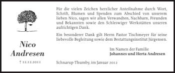 Traueranzeige von Nico Andresen von Schleswiger Nachrichten