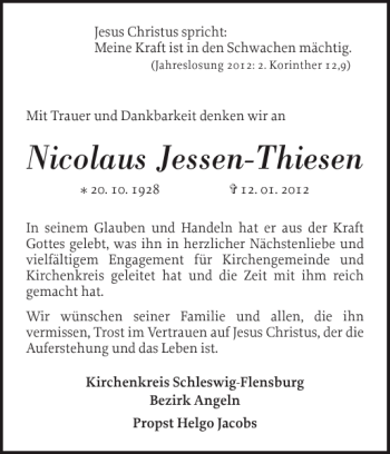 Traueranzeige von Nicolaus Jessen-Thiesen von Flensburger Tageblatt