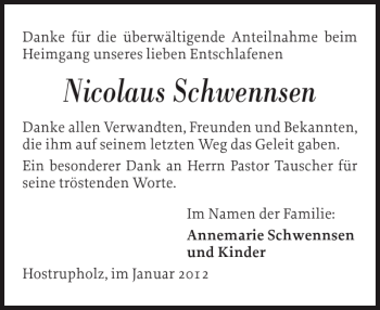 Traueranzeige von Nicolaus Schwennsen von Flensburger Tageblatt