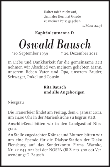 Traueranzeige von Oswald Bausch von Flensburger Tageblatt