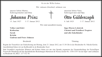 Traueranzeige von Otto Güldenzoph Johanna Prinz von Husumer Nachrichten