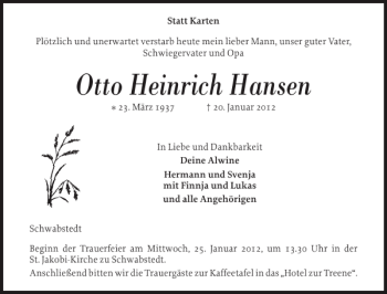 Traueranzeige von Otto Heinrich Hansen von Husumer Nachrichten