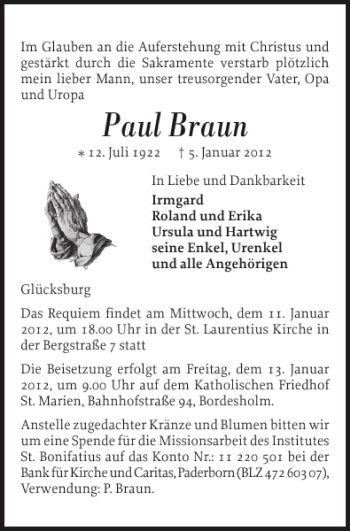 Traueranzeige von Paul Braun von Flensburger Tageblatt