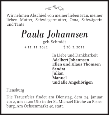 Traueranzeige von Paula Johannsen von Flensburger Tageblatt
