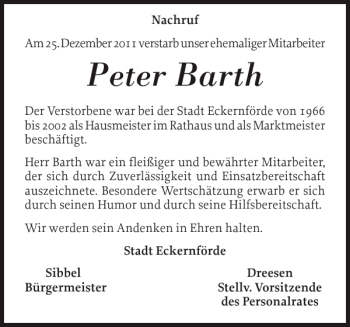 Traueranzeige von Peter Barth von Eckernförder Zeitung