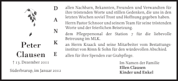 Traueranzeige von Peter Clausen von Schleswiger Nachrichten