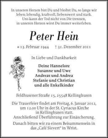 Traueranzeige von Peter Hein von Norddeutsche Rundschau