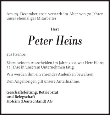Traueranzeige von Peter Heins von Norddeutsche Rundschau