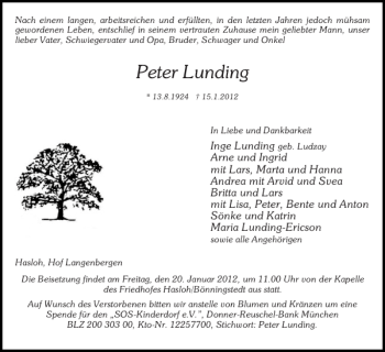 Traueranzeige von Peter Lunding von Pinneberger Tageblatt