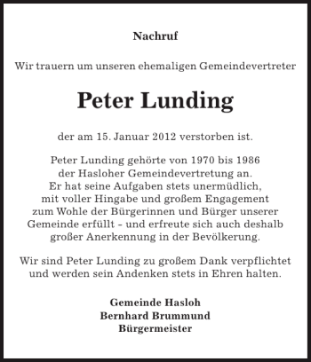 Traueranzeige von Peter Lunding von Pinneberger Tageblatt