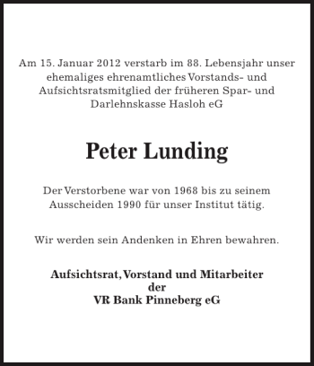 Traueranzeige von Peter Lunding von Pinneberger Tageblatt