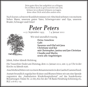 Traueranzeige von Peter Peters von Schleswiger Nachrichten