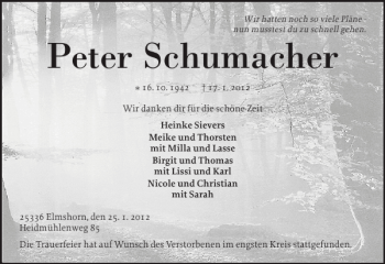 Traueranzeige von Peter Schumacher von Elmshorner Nachrichten
