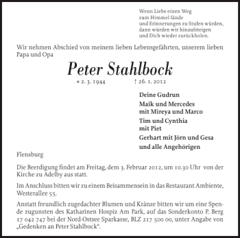 Traueranzeige von Peter Stahlbock von Flensburger Tageblatt