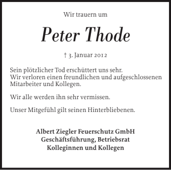 Traueranzeige von Peter Thode von Landeszeitung